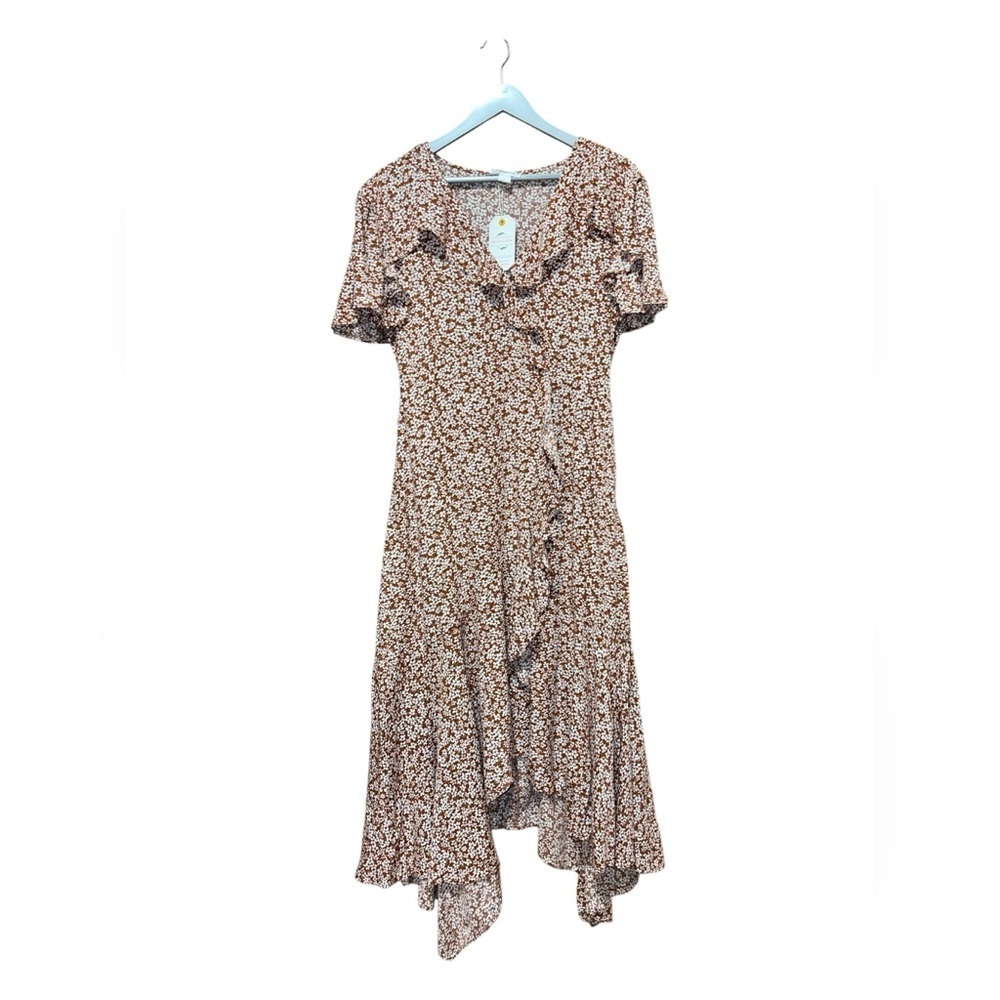 Loveriche Rust Floral Ruffle Midi Dress Flutter Sleeve – Large - Picture 2 of 6